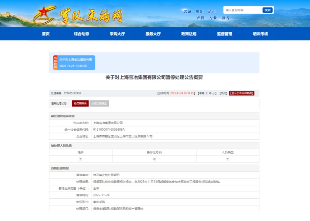 上海宝冶集团因涉禁止性处罚被暂停全军采购资格 对企业合规的严峻警示